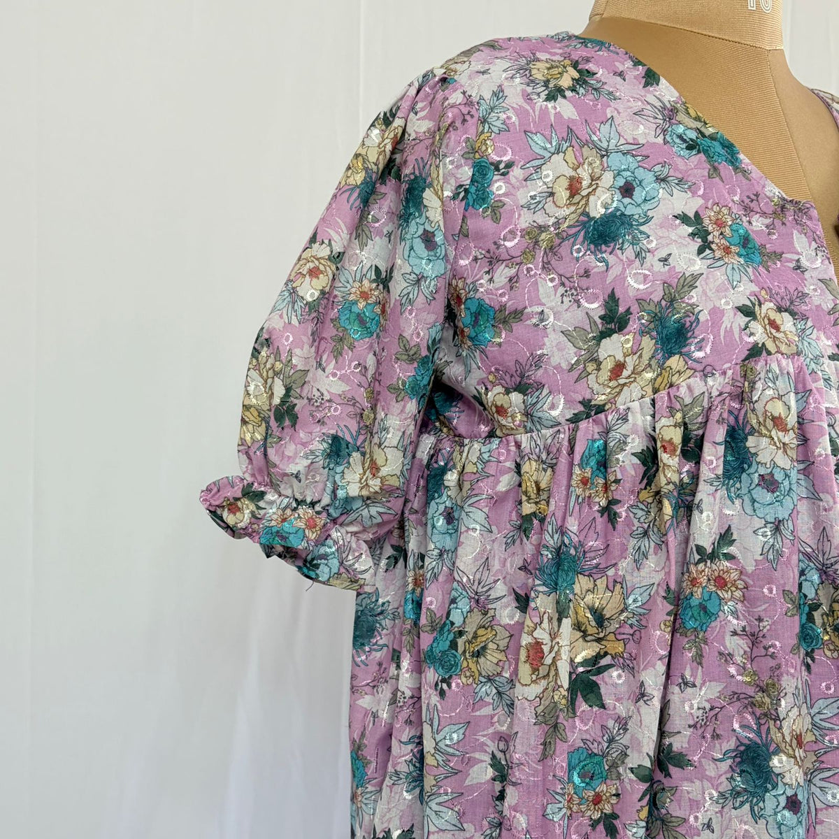 Lavender And Green Floral Hakoba Flared Feeding Gown With Single Centre Invisible Zip | Free Size | 46" length