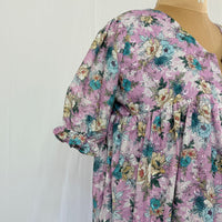 Lavender And Green Floral Hakoba Flared Feeding Gown With Single Centre Invisible Zip | Free Size | 46" length
