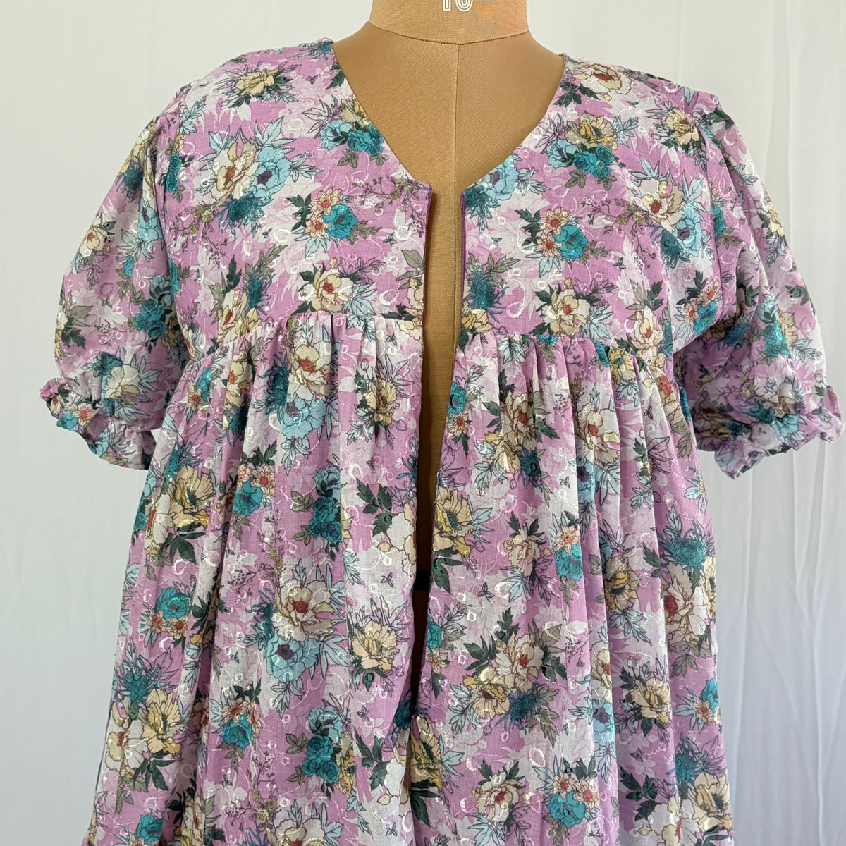 Lavender And Green Floral Hakoba Flared Feeding Gown With Single Centre Invisible Zip | Free Size | 46" length