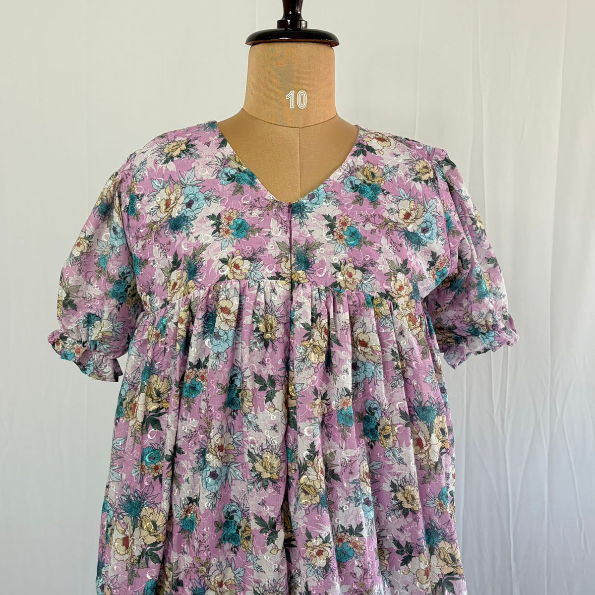 Lavender And Green Floral Hakoba Flared Feeding Gown With Single Centre Invisible Zip | Free Size | 46" length
