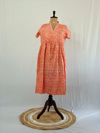 Orange Floral Printed Premium Cotton V Collar Neck Short Maternity Gown | Free Size |