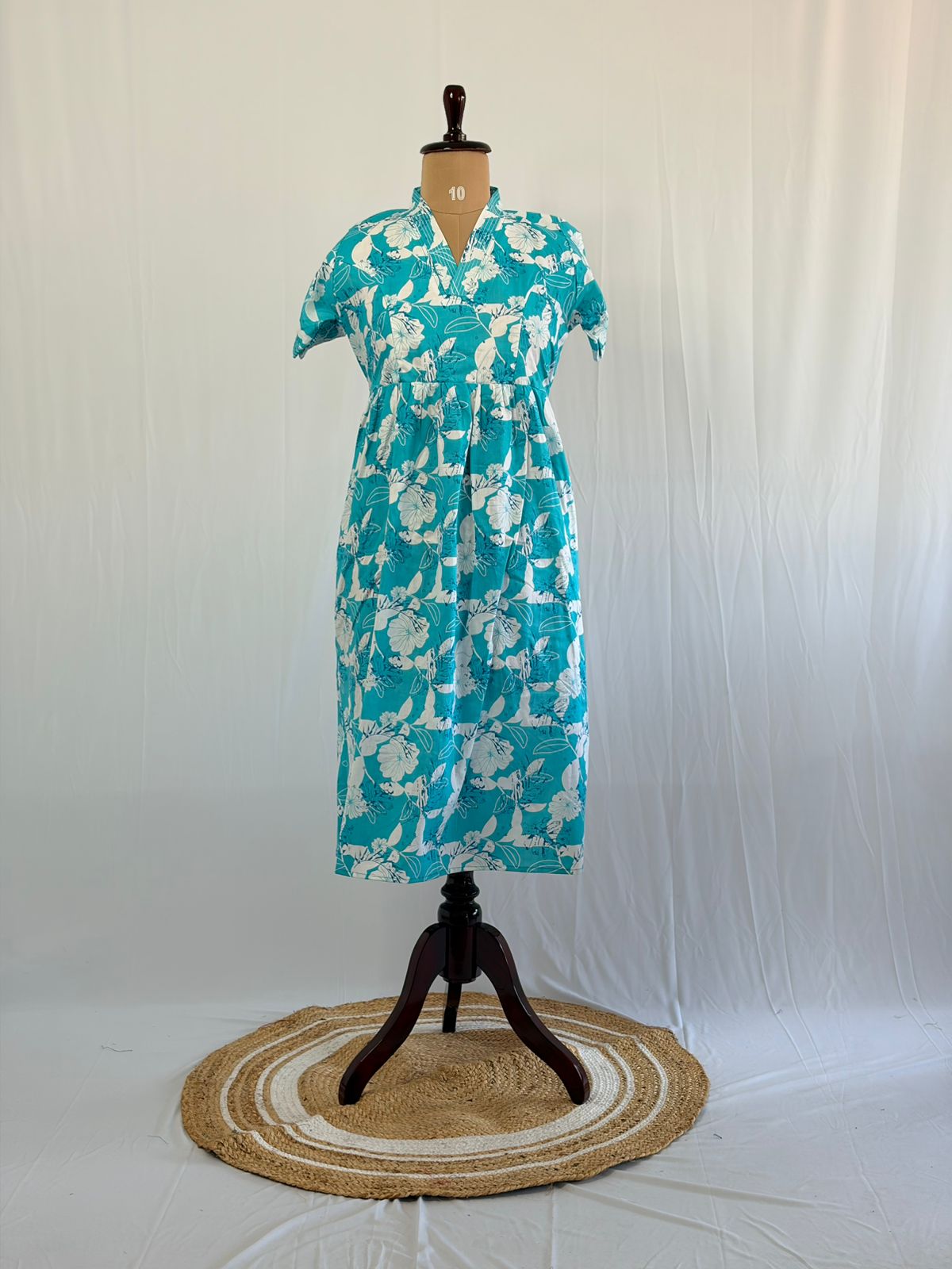 Blue Floral Printed Premium Cotton V Collar Neck Short Maternity Gown | Free Size |