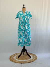 Blue Floral Printed Premium Cotton V Collar Neck Short Maternity Gown | Free Size |
