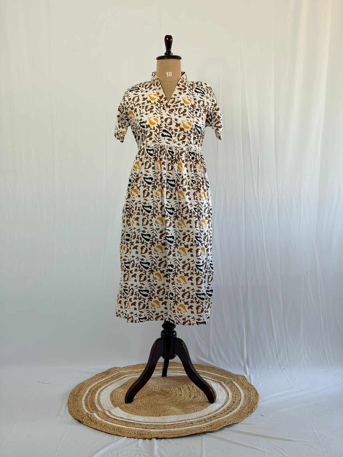 Brown And White Printed Premium Cotton V Collar Neck Short Maternity Gown | Free Size |