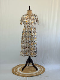 Brown And White Printed Premium Cotton V Collar Neck Short Maternity Gown | Free Size |