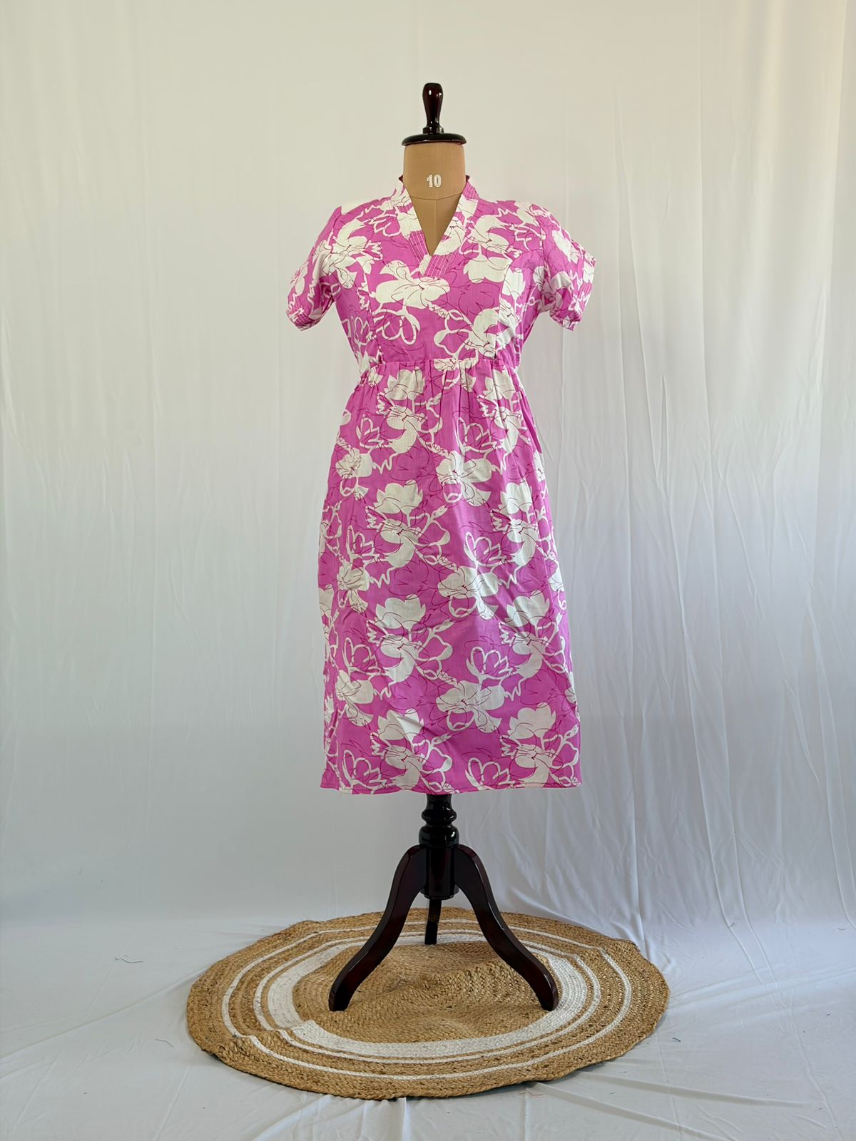 Pink Floral Printed Premium Cotton V Collar Neck Short Maternity Gown | Free Size |
