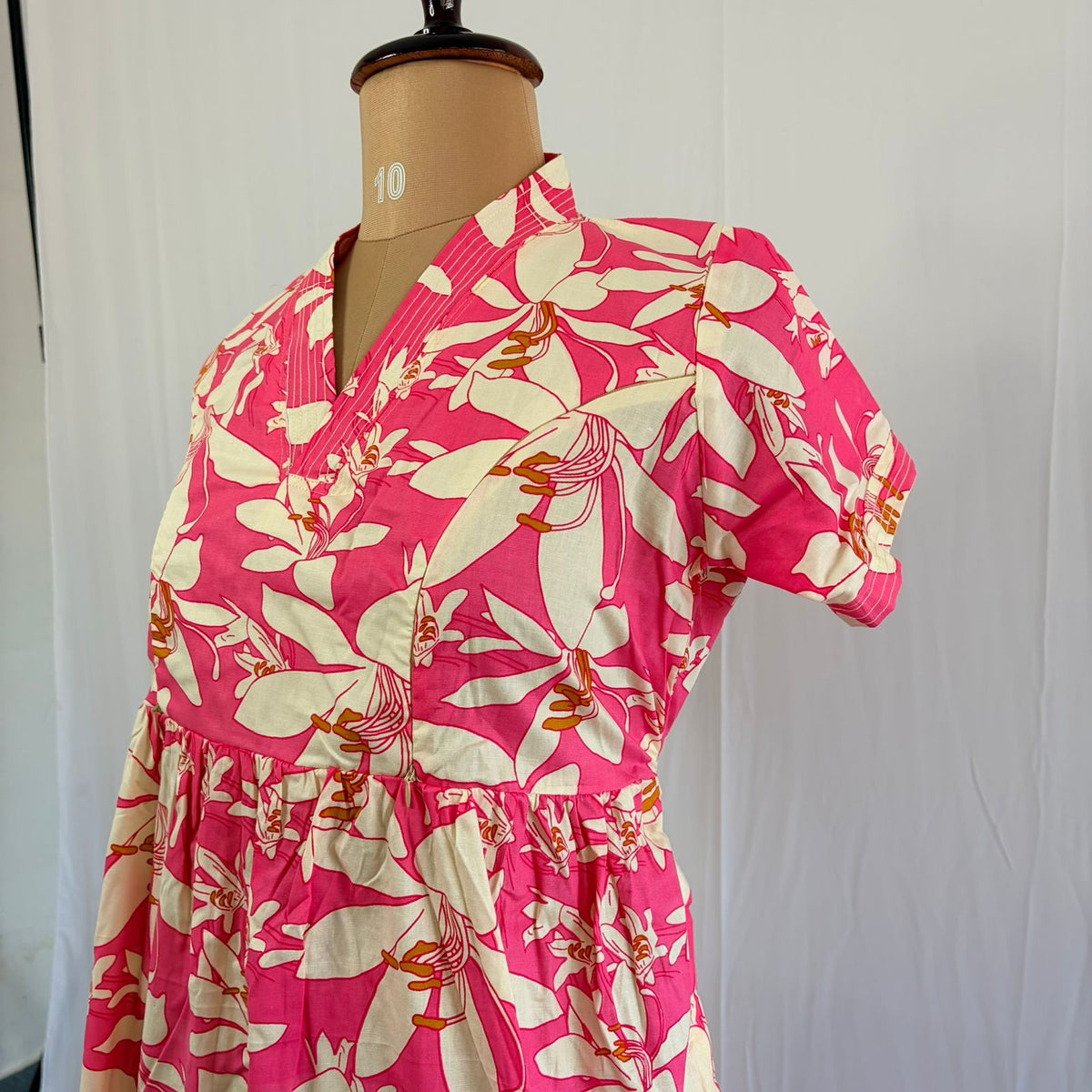 Peach Floral Printed Premium Cotton V Collar Neck Short Maternity Gown | Free Size |