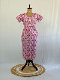 Pink Printed Premium Cotton Buttonless Zipless Short Maternity Nighty | Free Size | Chest Width 44″| Length 46″