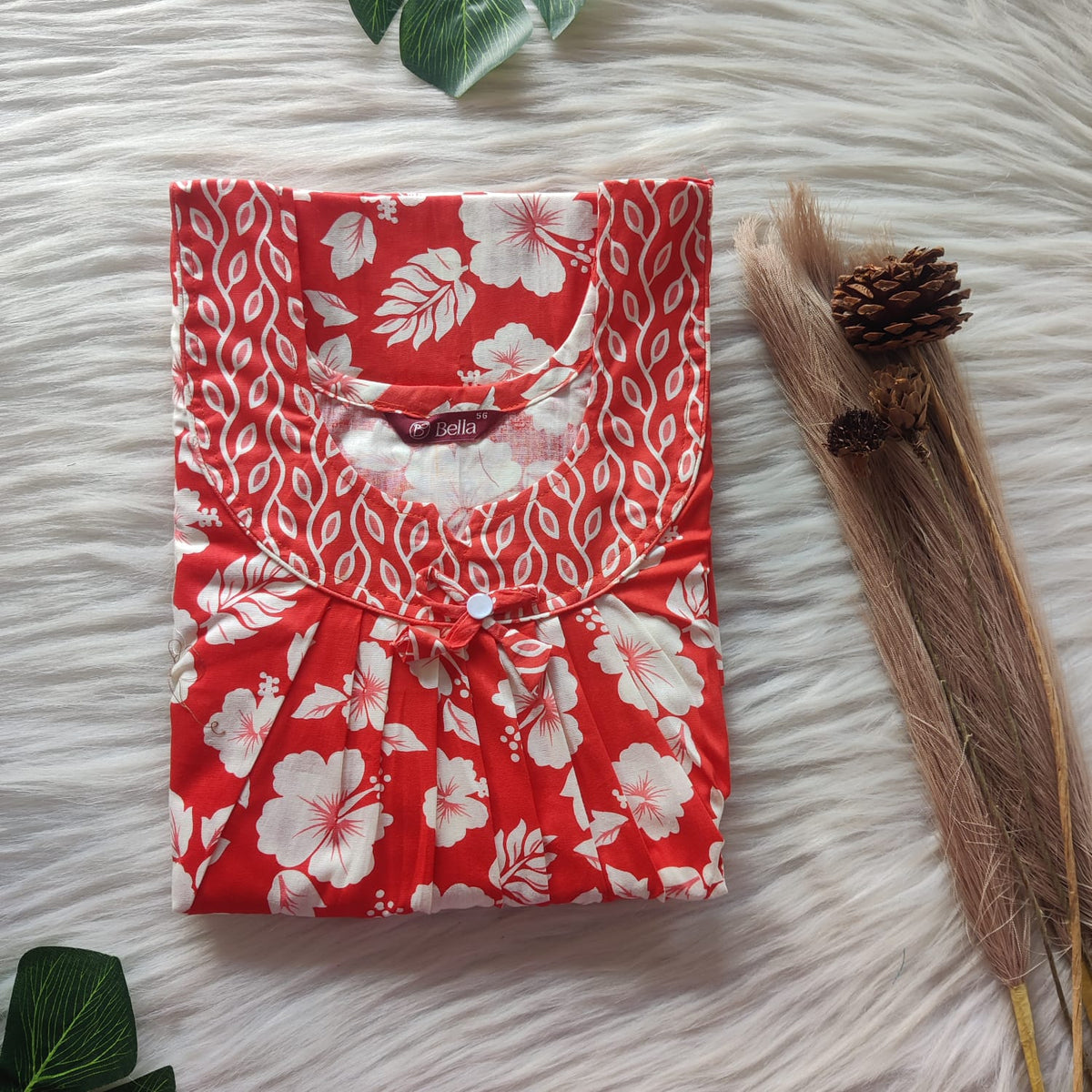 Red And White Floral Printed Premium Cotton No Zip Pleated Nighty | Free Size | Chest Width 44″| Length 55″-56″