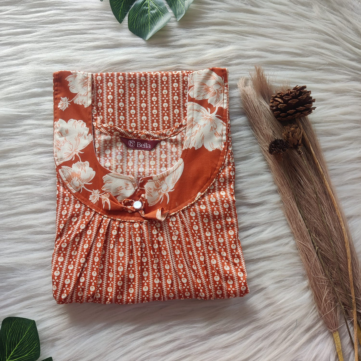 White And Brown Printed Premium Cotton No Zip Pleated Nighty | Free Size | Chest Width 44″| Length 55″-56″