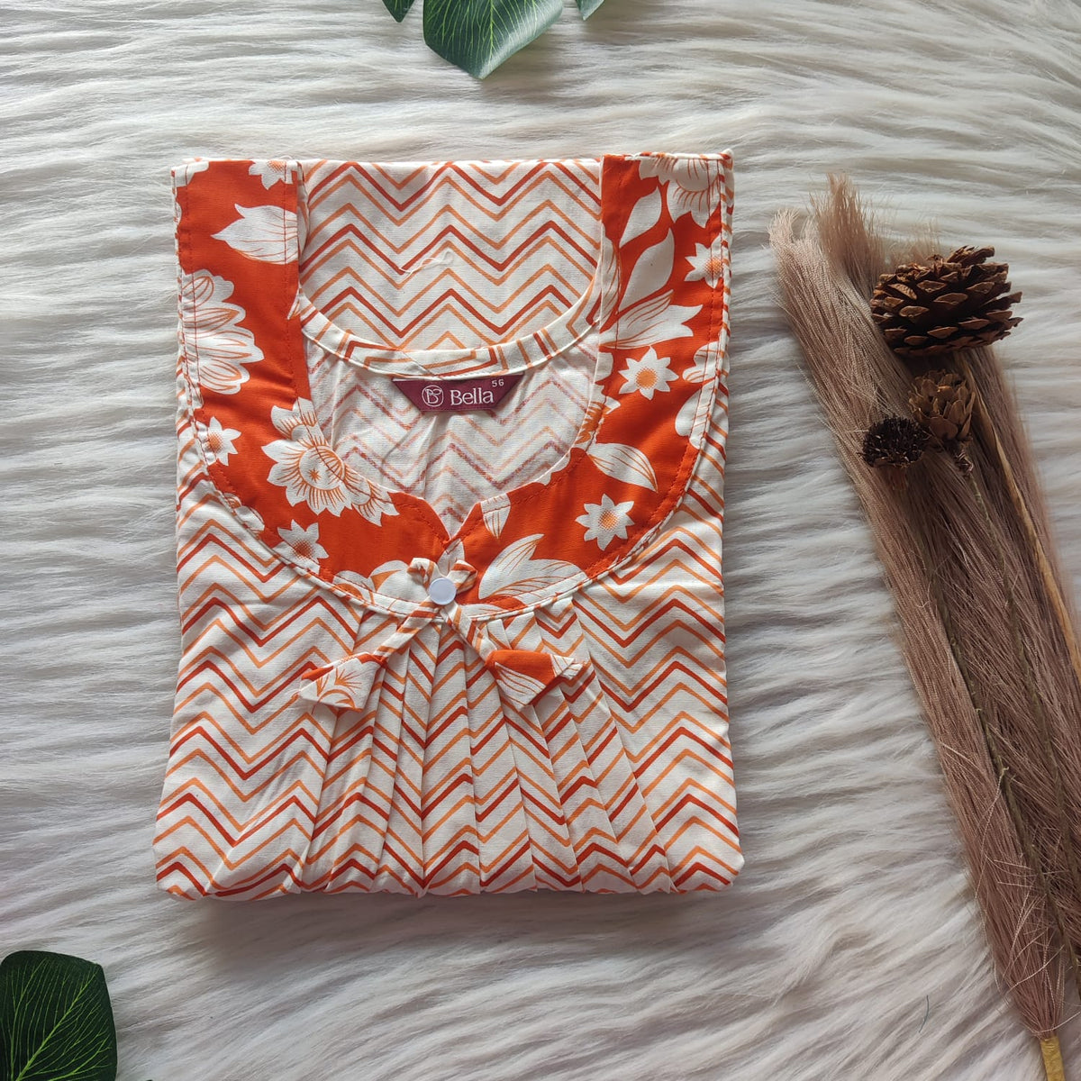 White And Orange Zig-Zag Printed Premium Cotton No Zip Pleated Nighty | Free Size | Chest Width 44″| Length 55″-56″