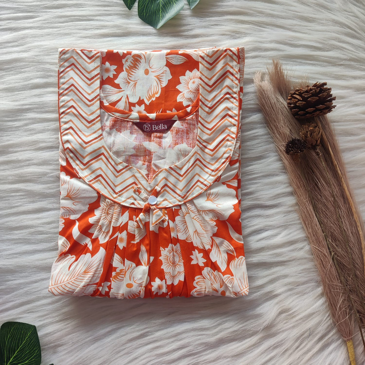 Orange And White Floral Printed Premium Cotton No Zip Pleated Nighty | Free Size | Chest Width 44″| Length 55″-56″