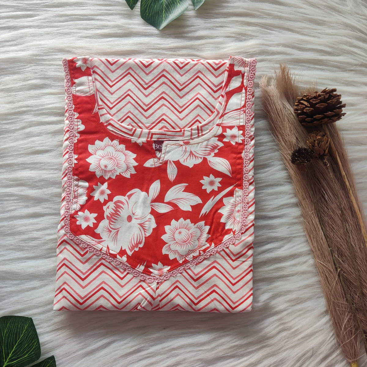 Red And White Zig Zag Printed Premium Cotton Mix N Match Lace Pocket Nighty | Free Size | Chest Width 44″| Length 56″