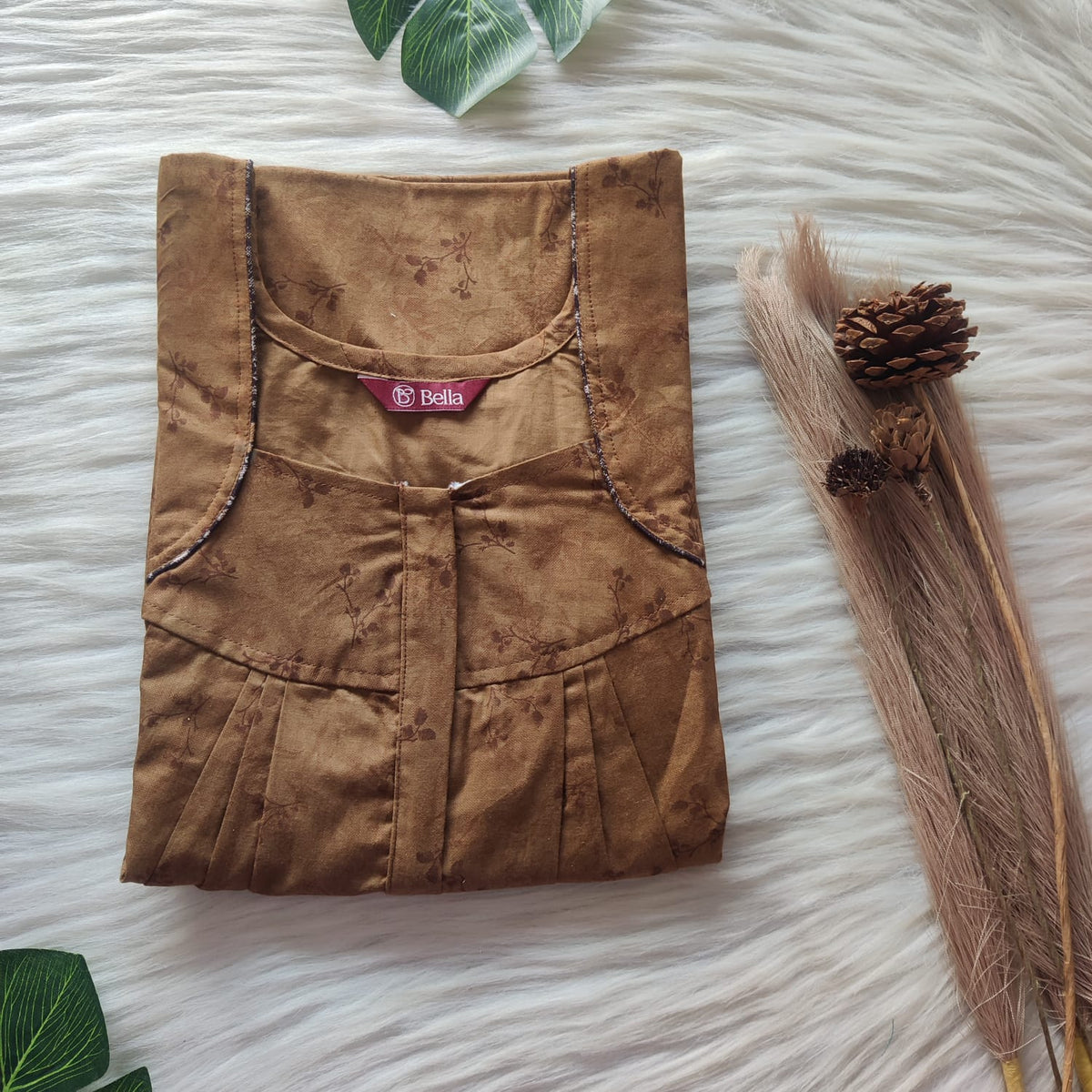 Brown Printed Pure Cotton Pleated Zip Nighty | Free Size | Chest Width 44″| Length 54″-55″
