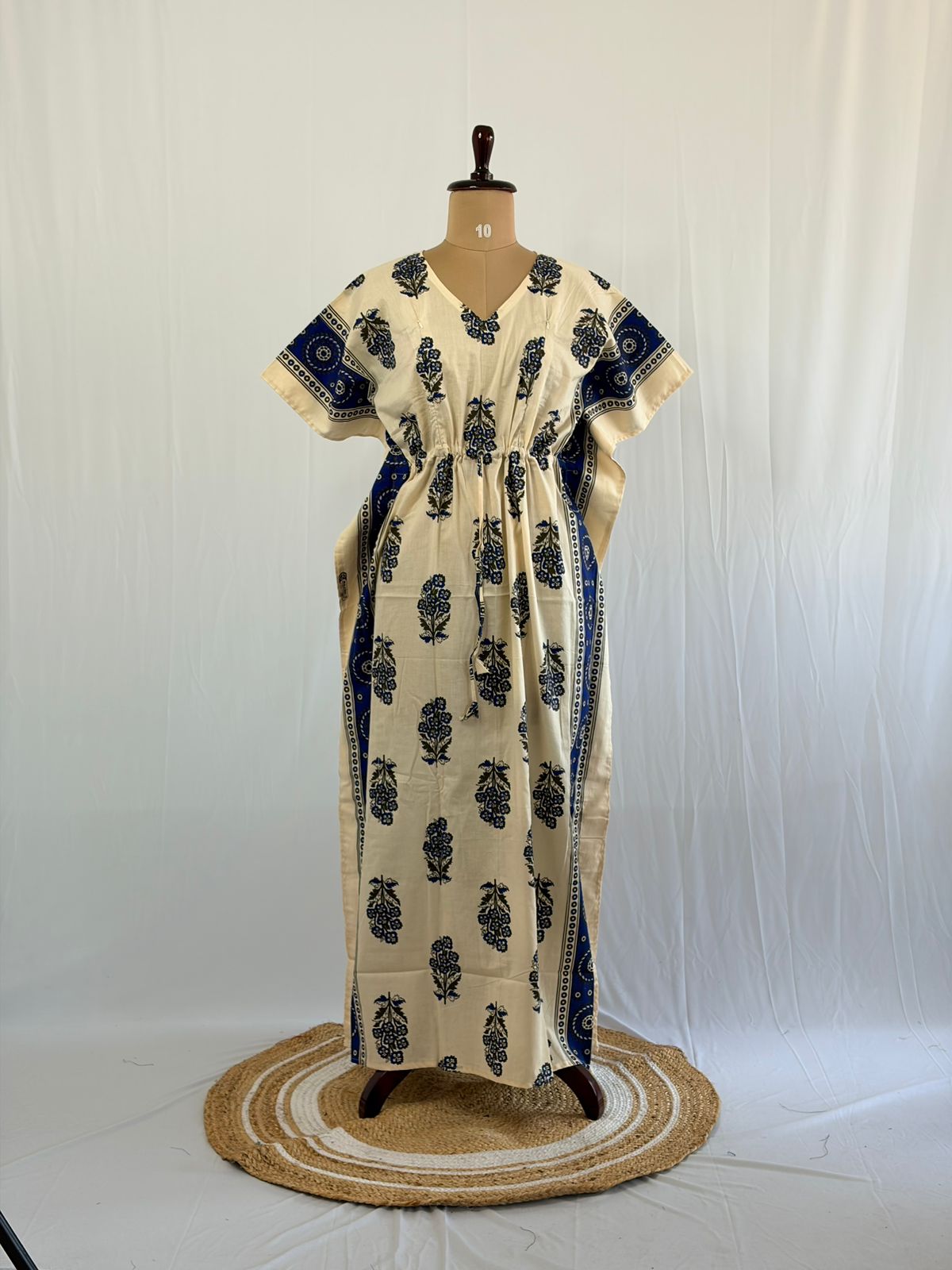 Blue Floral Printed White Premium Cotton Feeding Kaftan | Free Size | Chest Width 44″| Length 56″