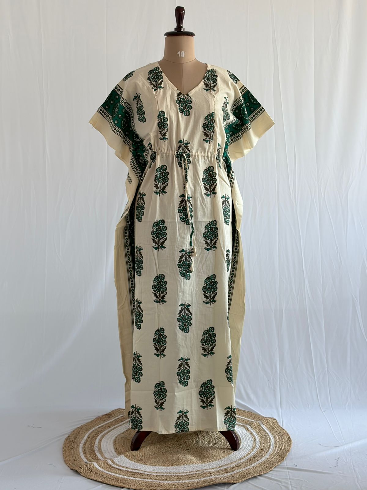 Green Floral Printed White Premium Cotton Feeding Kaftan | Free Size | Chest Width 44″| Length 56″