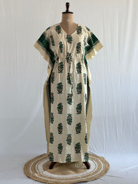 Green Floral Printed White Premium Cotton Feeding Kaftan | Free Size | Chest Width 44″| Length 56″