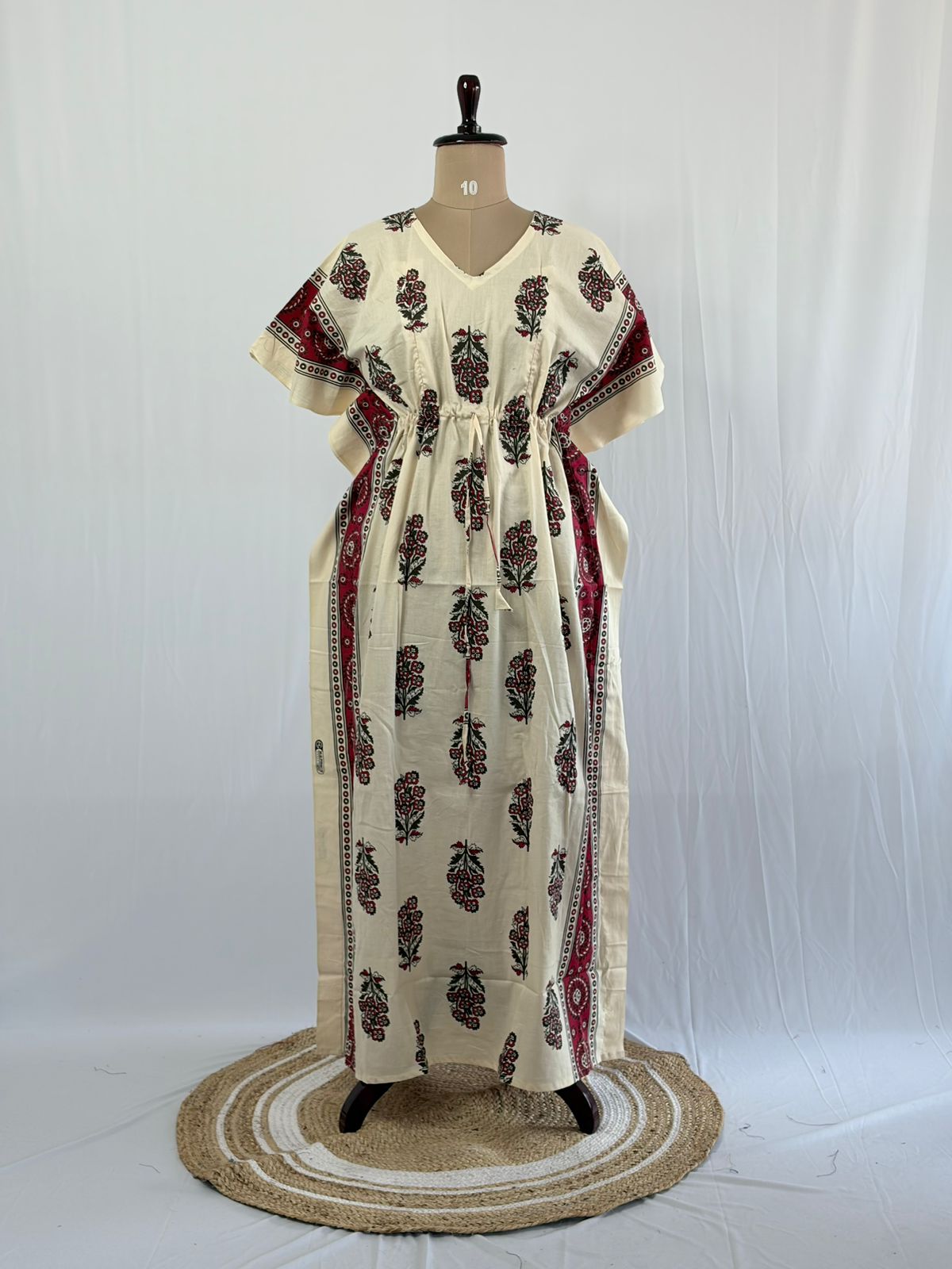 Red Floral Printed White Premium Cotton Feeding Kaftan | Free Size | Chest Width 44″| Length 56″