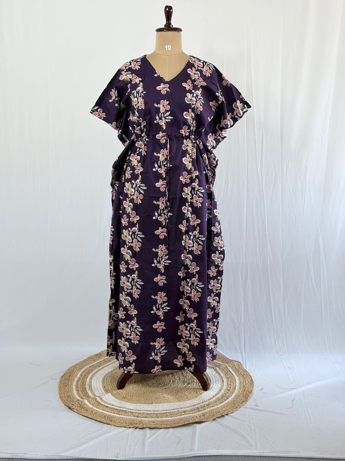 Violet Floral Printed Premium Cotton Feeding Kaftan | Free Size | Chest Width 44″| Length 56″