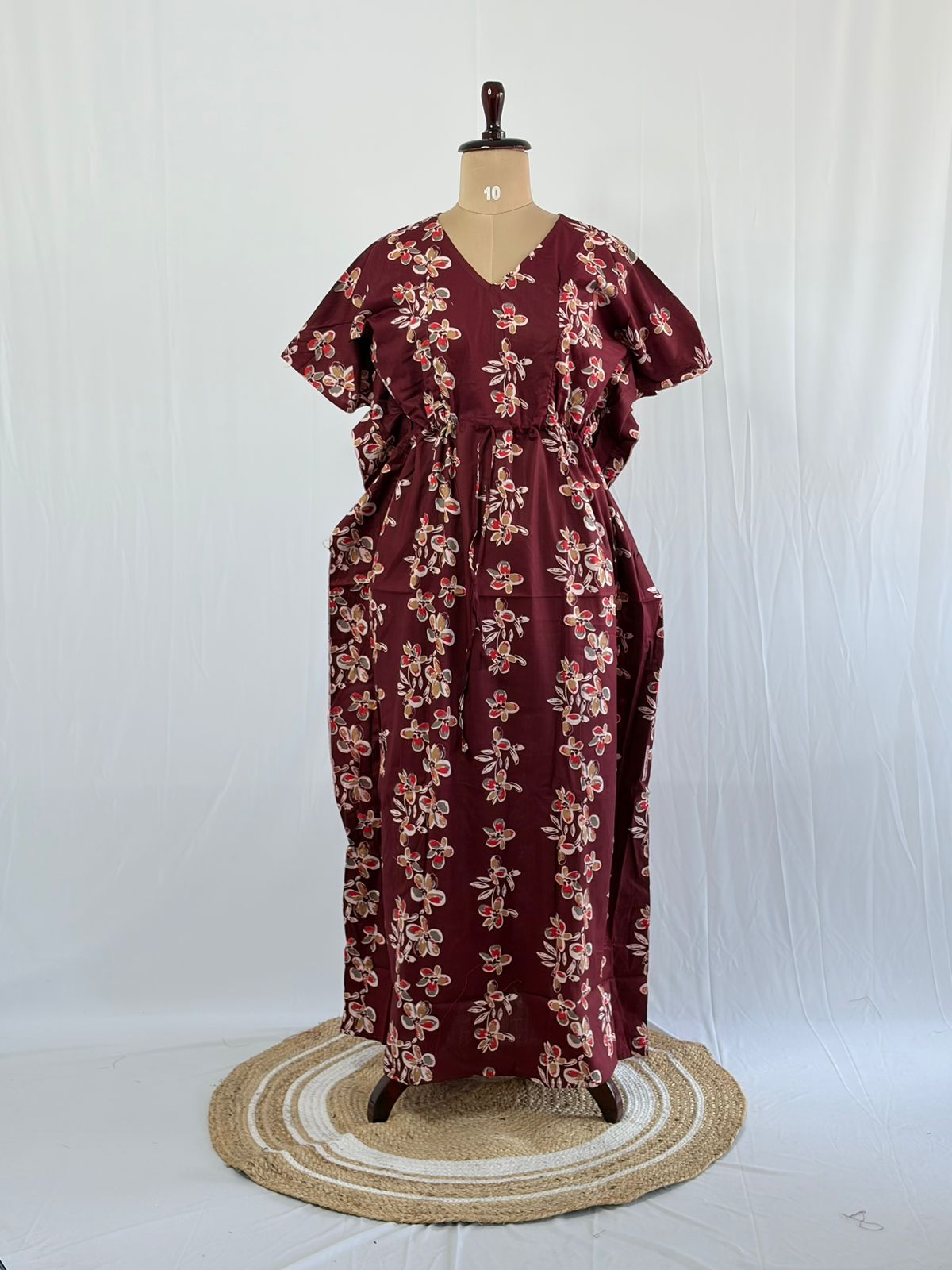 Maroon Floral Printed Premium Cotton Feeding Kaftan | Free Size | Chest Width 44″| Length 56″