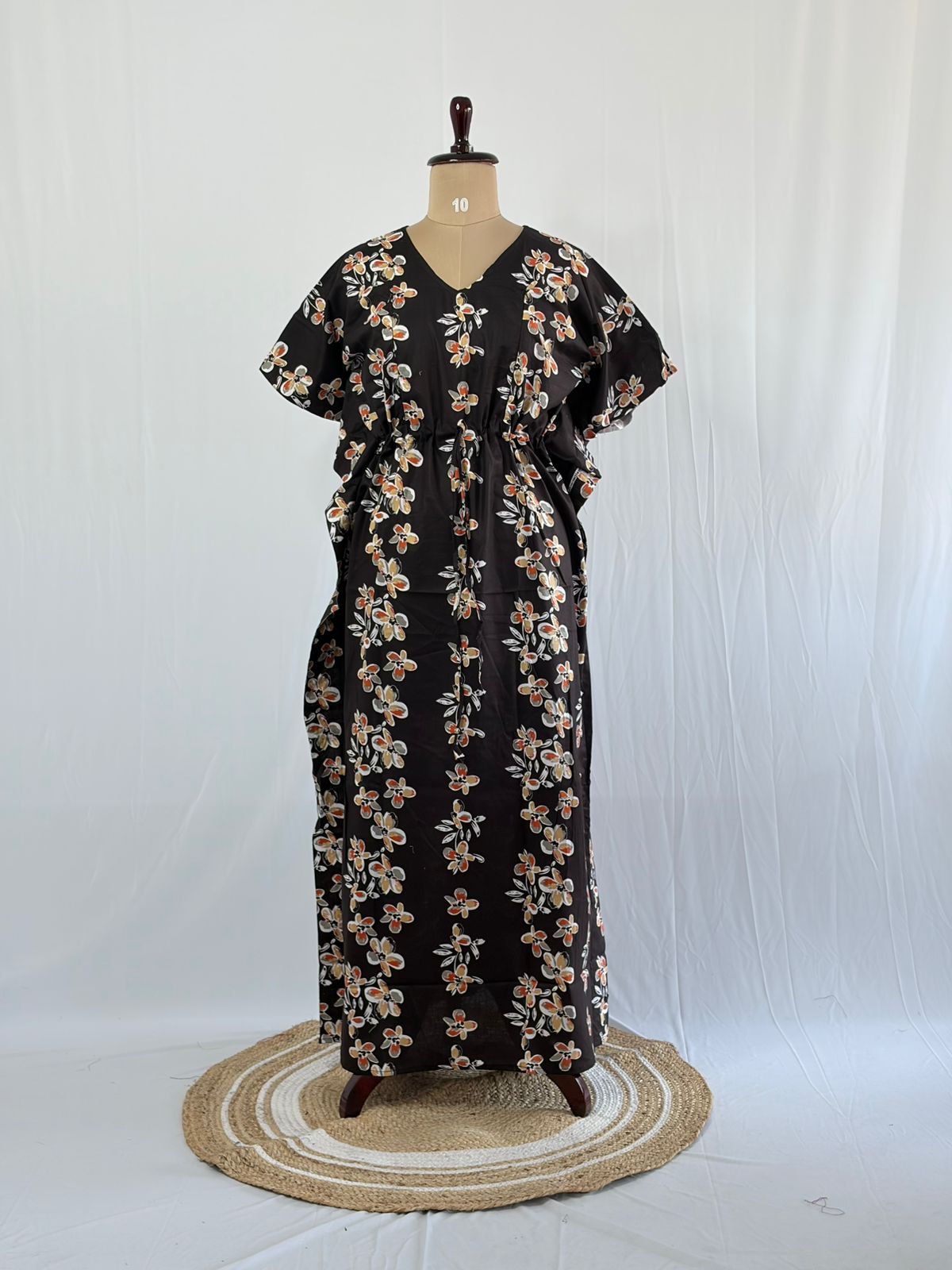 Coffee Brown Floral Printed Premium Cotton Feeding Kaftan | Free Size | Chest Width 44″| Length 56″