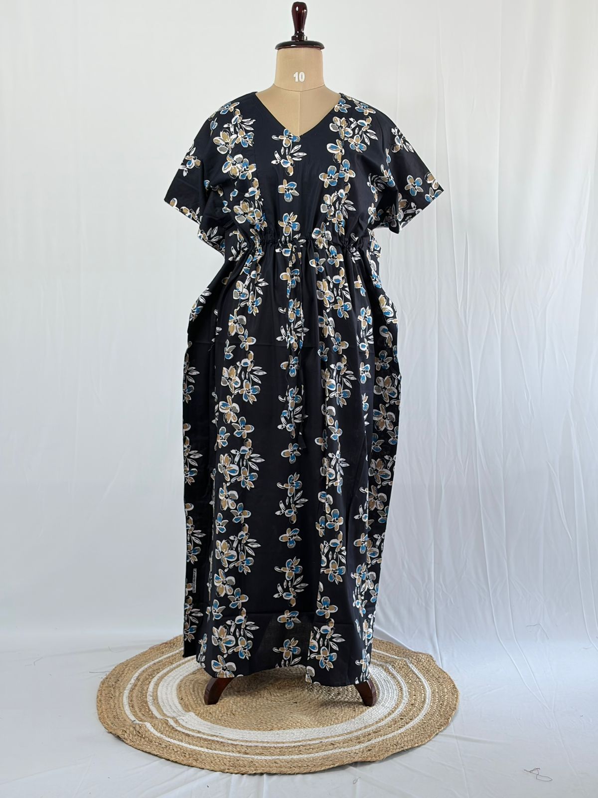Navy-Blue Floral Printed Premium Cotton Feeding Kaftan | Free Size | Chest Width 44″| Length 56″