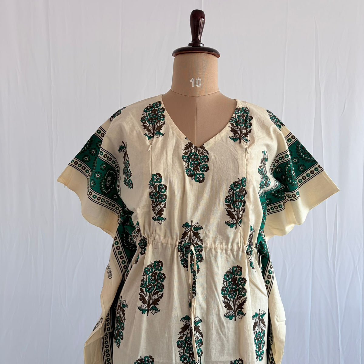 Green Floral Printed White Premium Cotton Feeding Kaftan | Free Size | Chest Width 44″| Length 56″