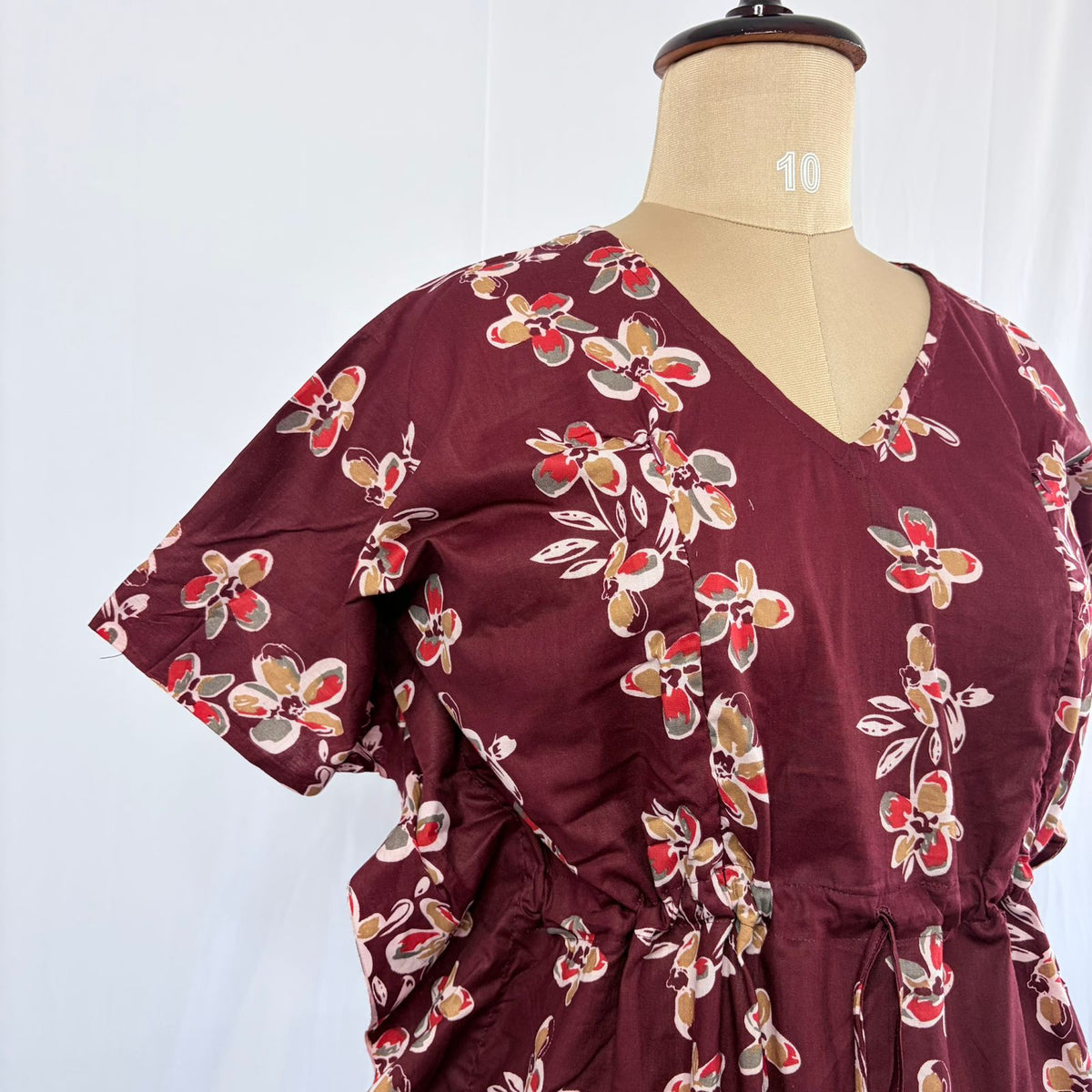 Maroon Floral Printed Premium Cotton Feeding Kaftan | Free Size | Chest Width 44″| Length 56″