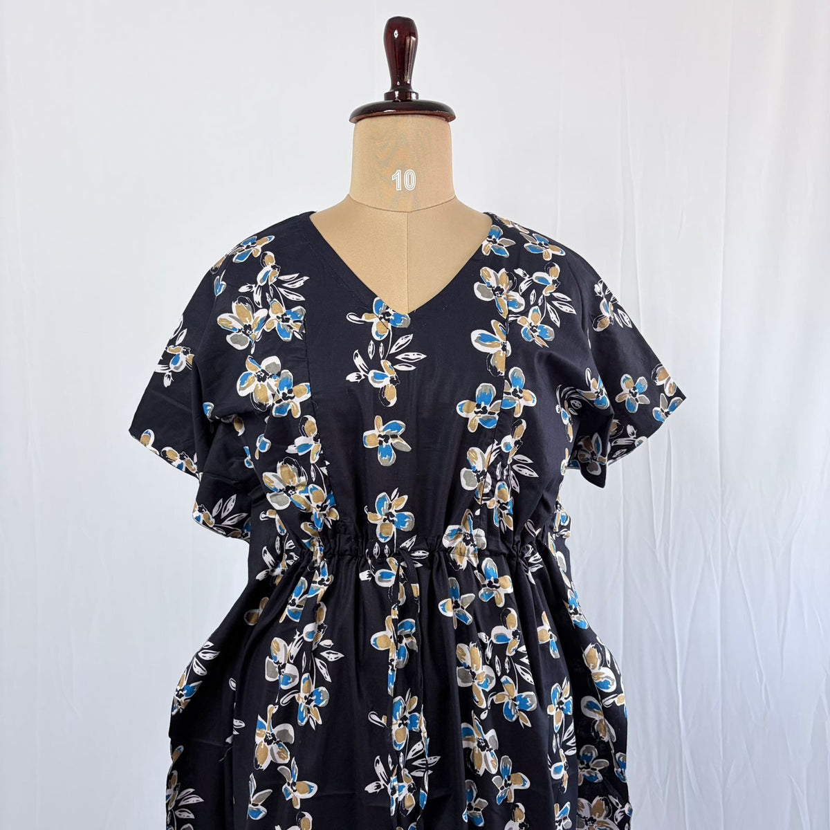 Navy-Blue Floral Printed Premium Cotton Feeding Kaftan | Free Size | Chest Width 44″| Length 56″