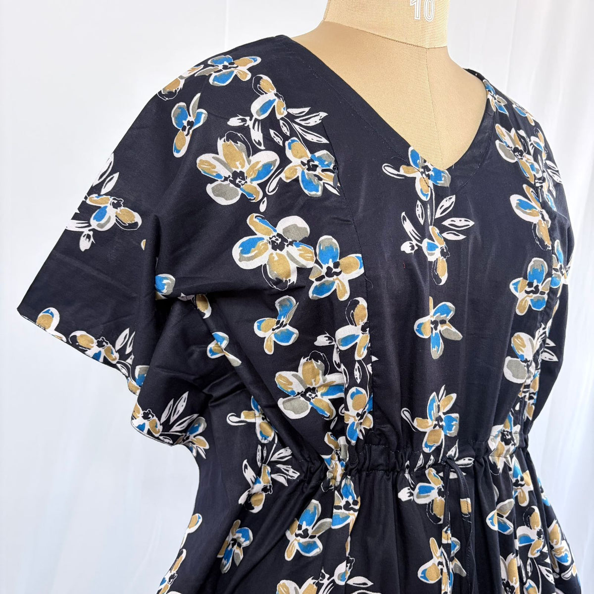 Navy-Blue Floral Printed Premium Cotton Feeding Kaftan | Free Size | Chest Width 44″| Length 56″
