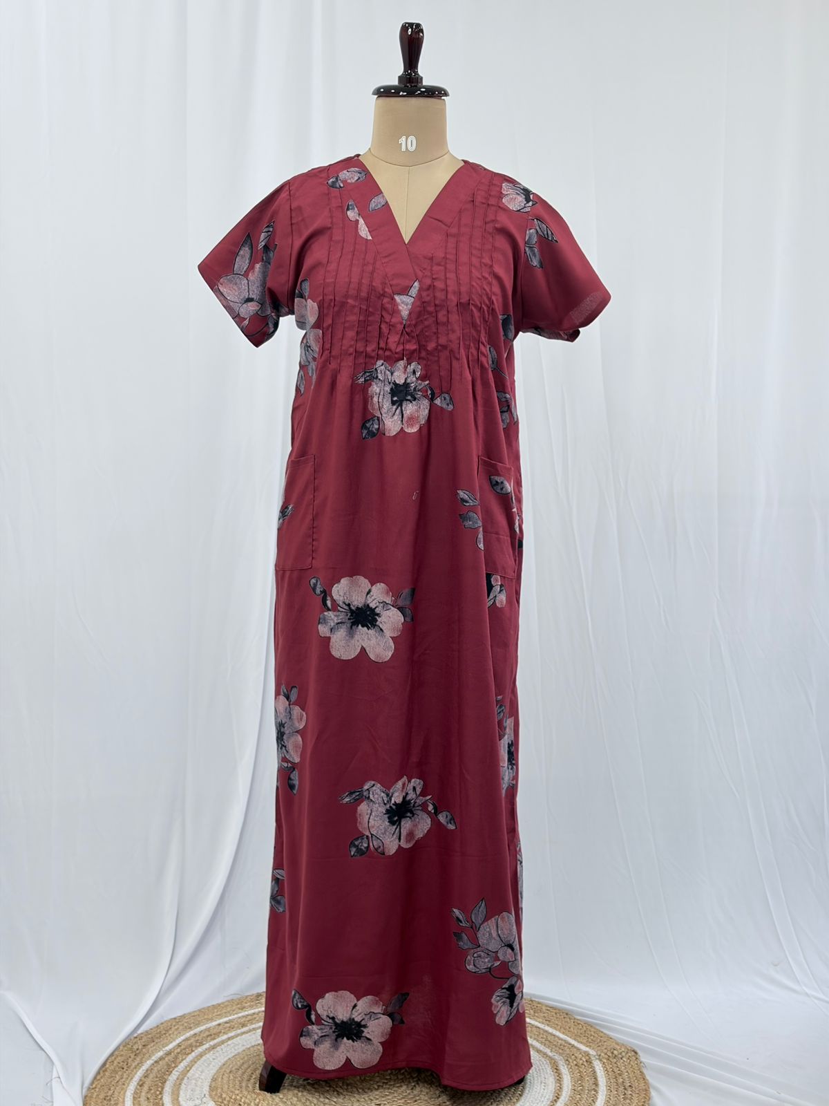 Maroon Floral Printed V-Neck Alfine Churidar Cut Nighty | Free Size | Chest Width 44″| Length 56″
