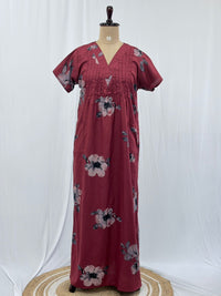 Maroon Floral Printed V-Neck Alfine Churidar Cut Nighty | Free Size | Chest Width 44″| Length 56″