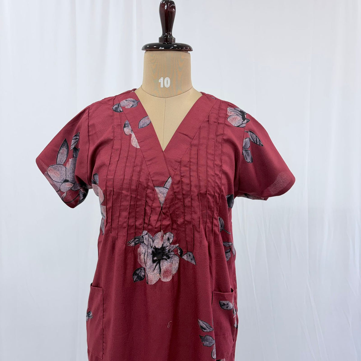Maroon Floral Printed V-Neck Alfine Churidar Cut Nighty | Free Size | Chest Width 44″| Length 56″