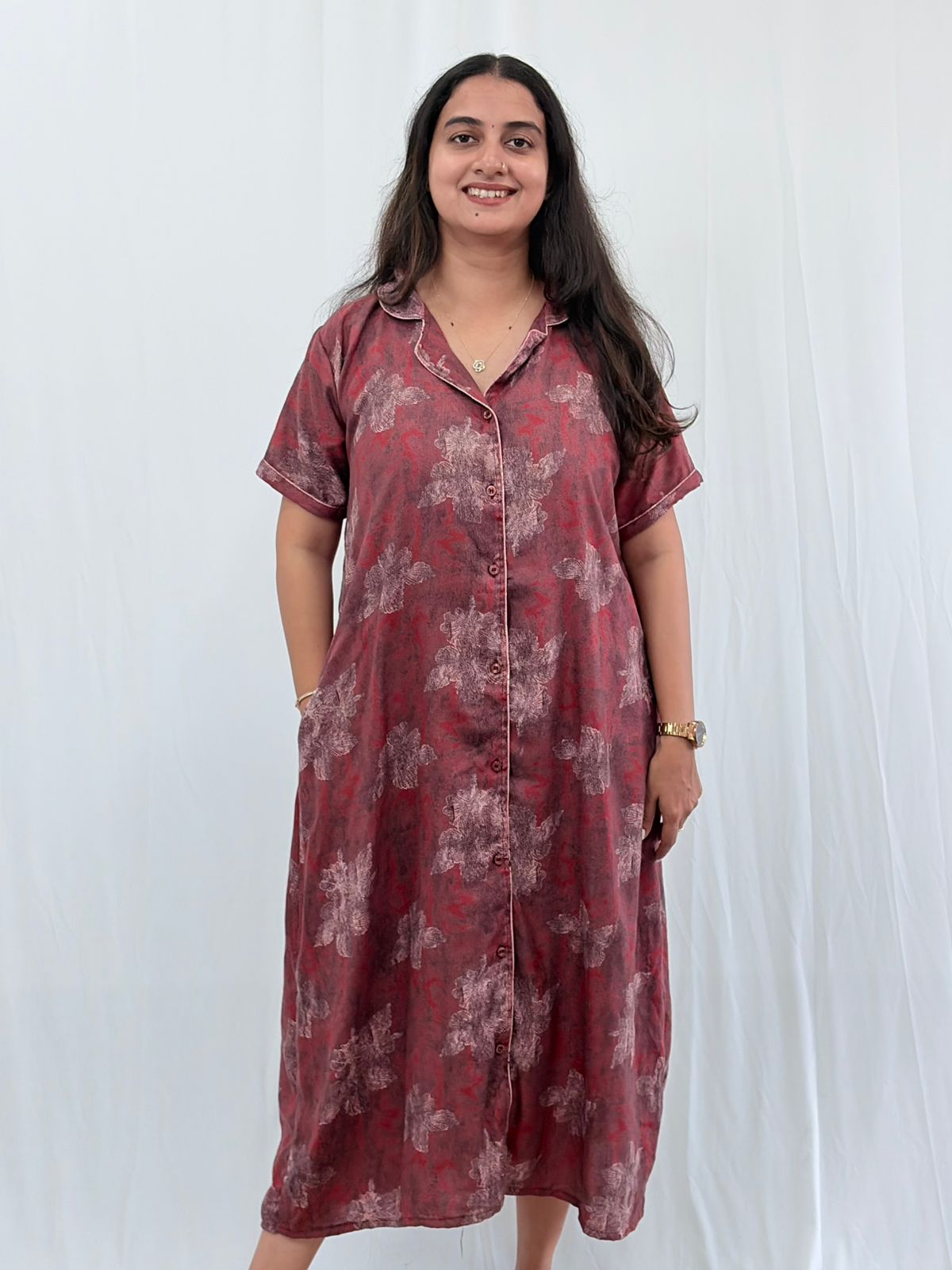 Maroon Printed Alpine Full Open Long Polo Shirt Dress | Side Pocket | Free Size | Chest Width 44″| Length 44″
