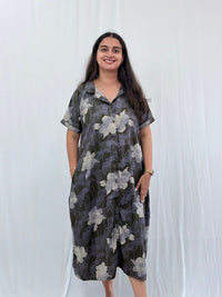 White Floral Printed Olive Green Alpine Full Open Long Polo Shirt Dress | Side Pocket | Free Size | Chest Width 44″| Length 44″