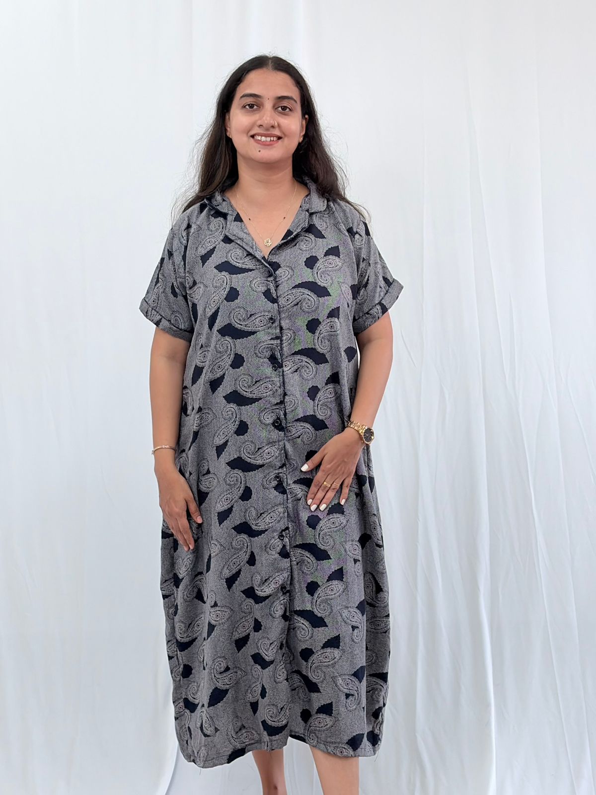 Navy-Blue Kalamkari Printed Alpine Full Open Long Polo Shirt Dress | Side Pocket | Free Size | Chest Width 44″| Length 44″