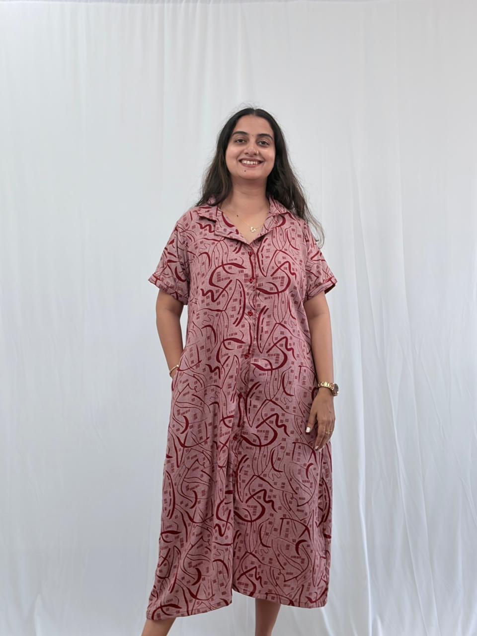 Maroon Printed Alpine Full Open Long Polo Shirt Dress | Side Pocket | Free Size | Chest Width 44″| Length 44″