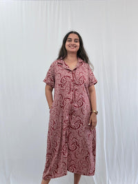 Maroon Printed Alpine Full Open Long Polo Shirt Dress | Side Pocket | Free Size | Chest Width 44″| Length 44″