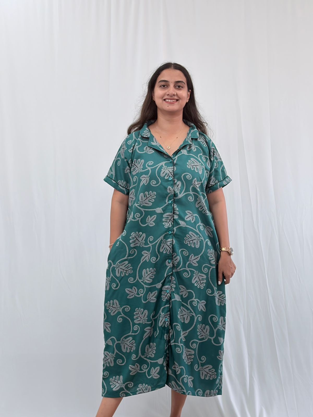 Green Leaf Printed Alpine Full Open Long Polo Shirt Dress | Side Pocket | Free Size | Chest Width 44″| Length 44″
