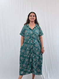 Green Leaf Printed Alpine Full Open Long Polo Shirt Dress | Side Pocket | Free Size | Chest Width 44″| Length 44″