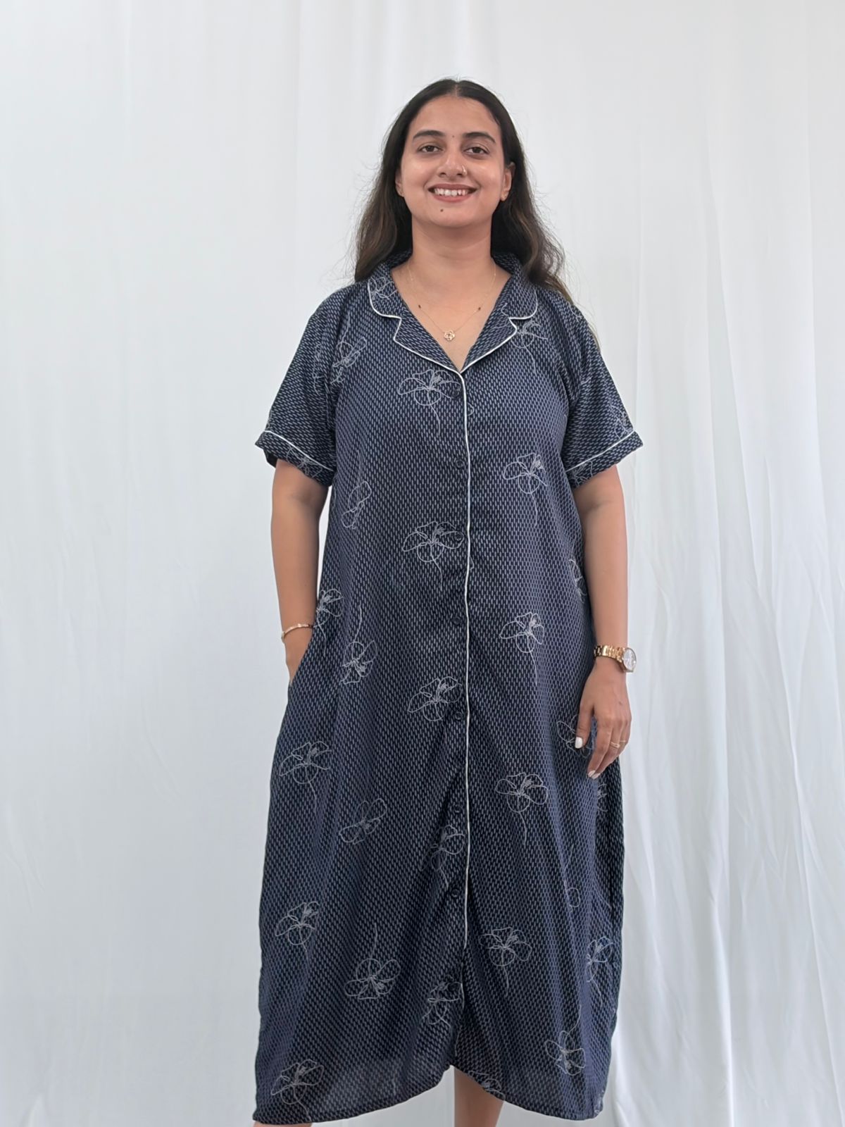 Navy-Blue Floral Printed Alpine Full Open Long Polo Shirt Dress | Side Pocket | Free Size | Chest Width 44″| Length 44″