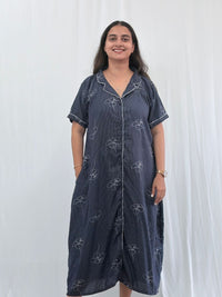 Navy-Blue Floral Printed Alpine Full Open Long Polo Shirt Dress | Side Pocket | Free Size | Chest Width 44″| Length 44″