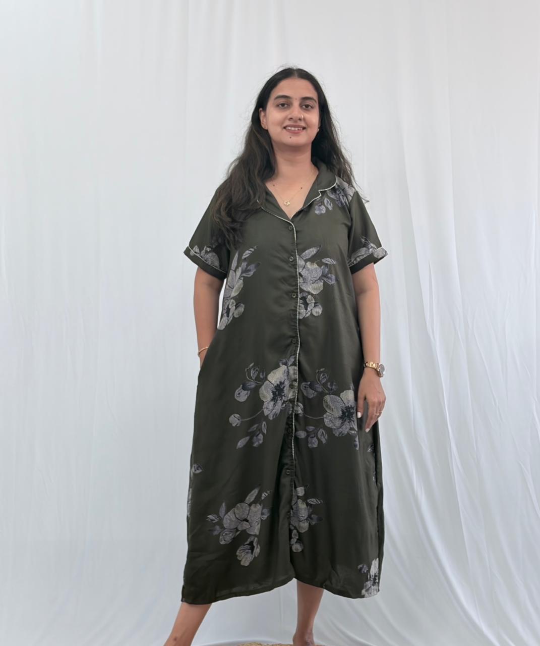 Olive Green Floral Printed Alpine Full Open Long Polo Shirt Dress | Side Pocket | Free Size | Chest Width 44″| Length 44″