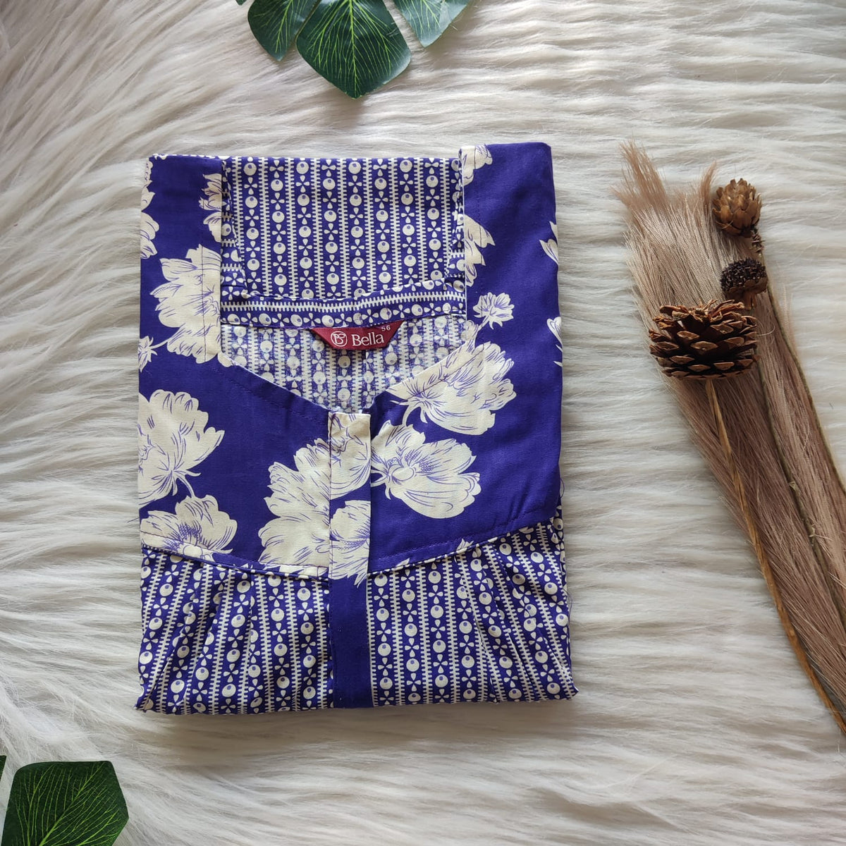 White And Violet Premium Cotton Square Neck Pleated Nighty | Free Size | Chest Width 44″| Length 55″-56″