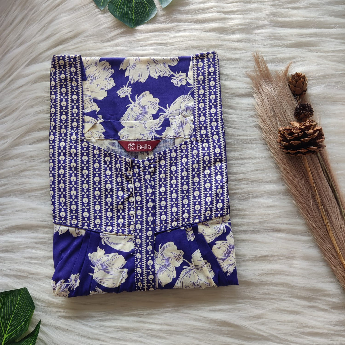 Violet And White Floral Printed Premium Cotton Square Neck Pleated Nighty | Free Size | Chest Width 44″| Length 55″-56″