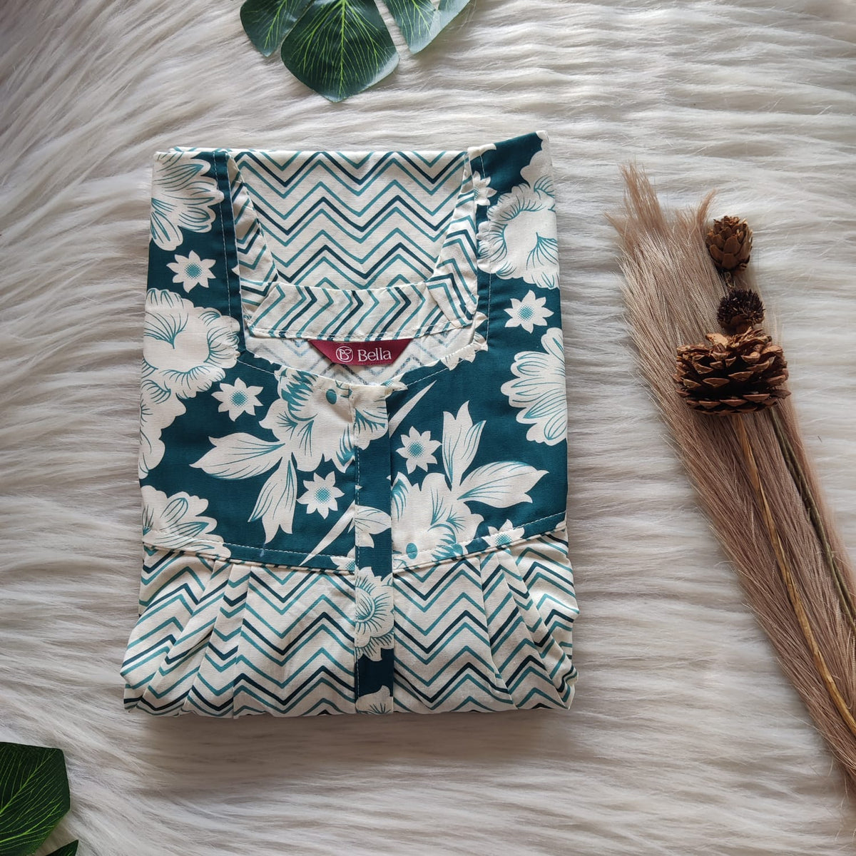 White And Green Zig Zag Printed Premium Cotton Square Neck Pleated Nighty | Free Size | Chest Width 44″| Length 55″-56″