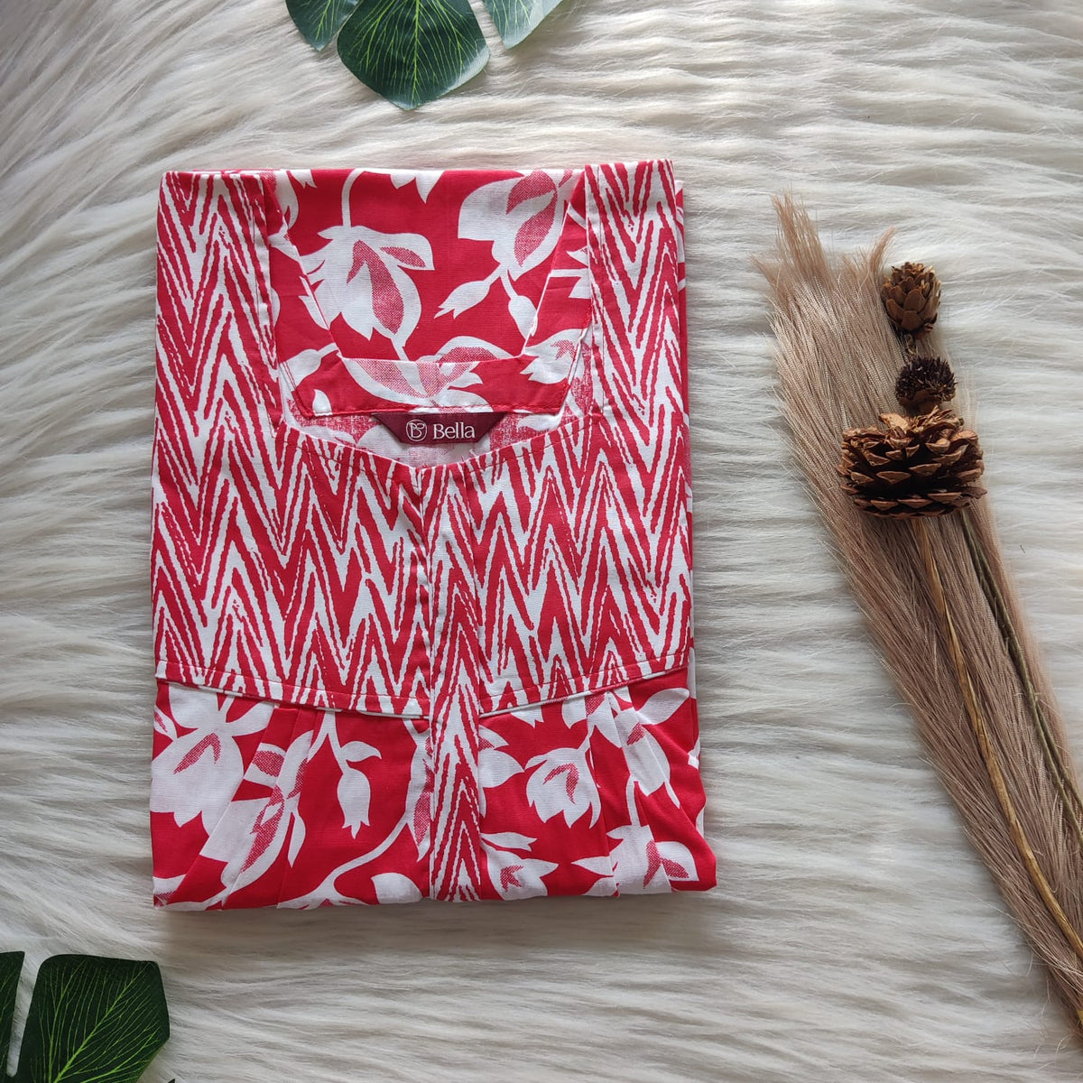 Red And White Floral Printed Premium Cotton Square Neck Pleated Nighty | Free Size | Chest Width 44″| Length 55″-56″
