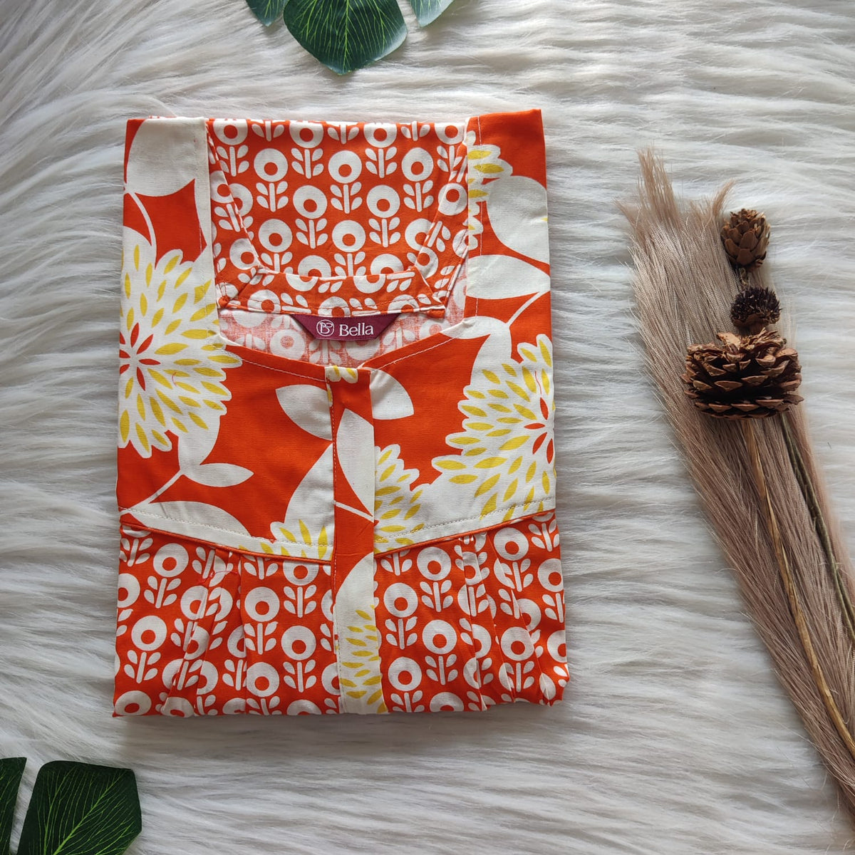 Yellow And Orange Printed Premium Cotton Square Neck Pleated Nighty | Free Size | Chest Width 44″| Length 55″-56″