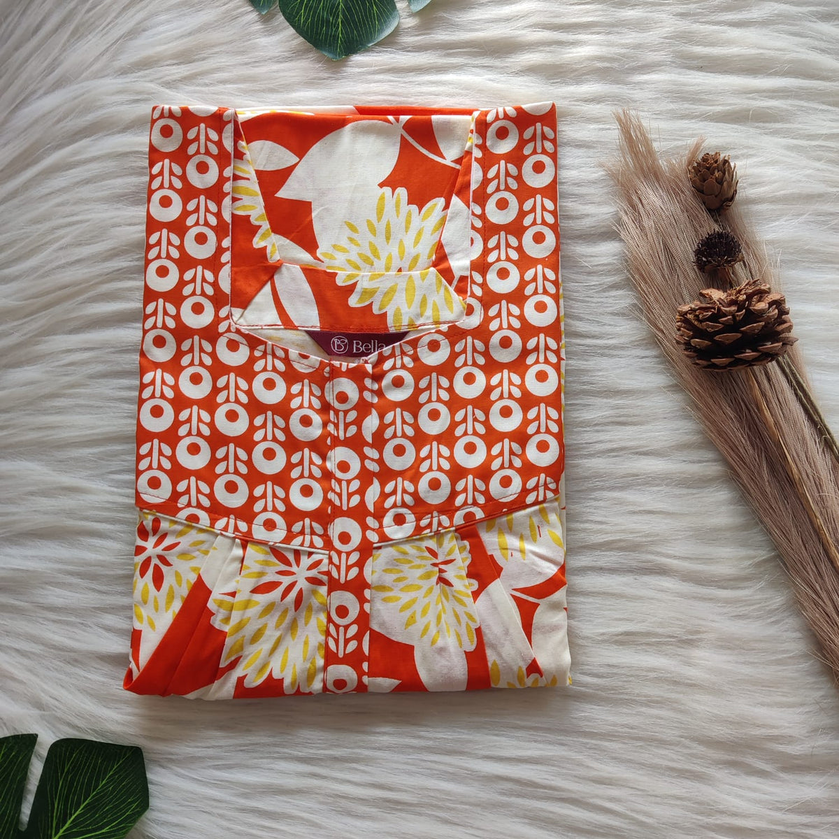 Orange And Yellow Floral Printed Premium Cotton Square Neck Pleated Nighty | Free Size | Chest Width 44″| Length 55″-56″