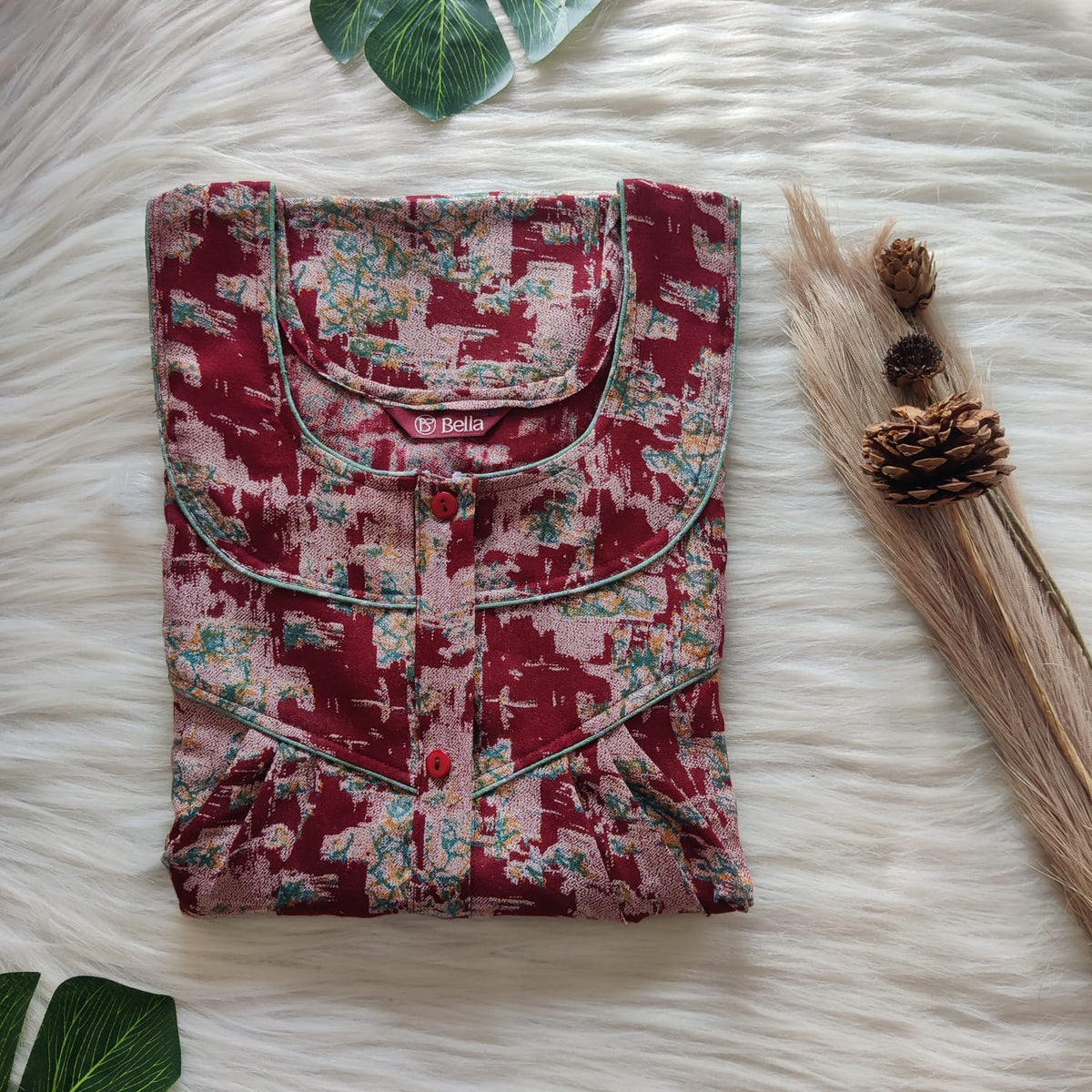 Maroon And Green Printed Alfine Long Zip Feeding Nighty | Free Size | Chest Width 44″| Length 56″